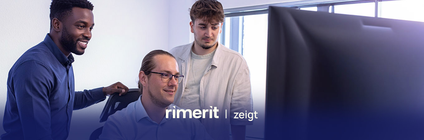 RIMERIT Team mit Blick auf Bildschirm